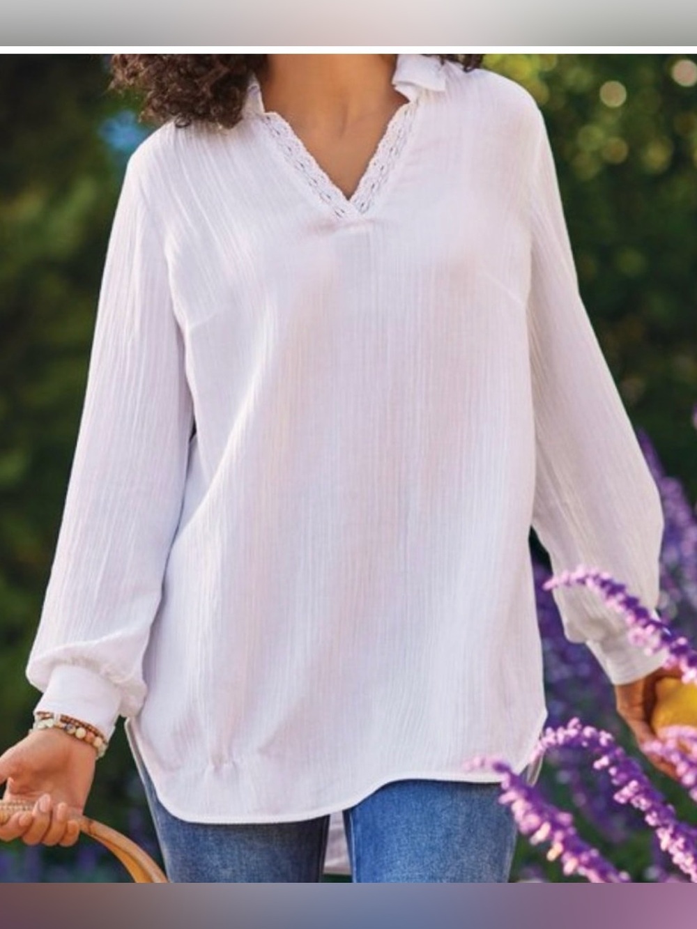 SOFT SURROUNDINGS NWT Regatta Gauze Top White Lace Trim Collared Tunic Blouse XS